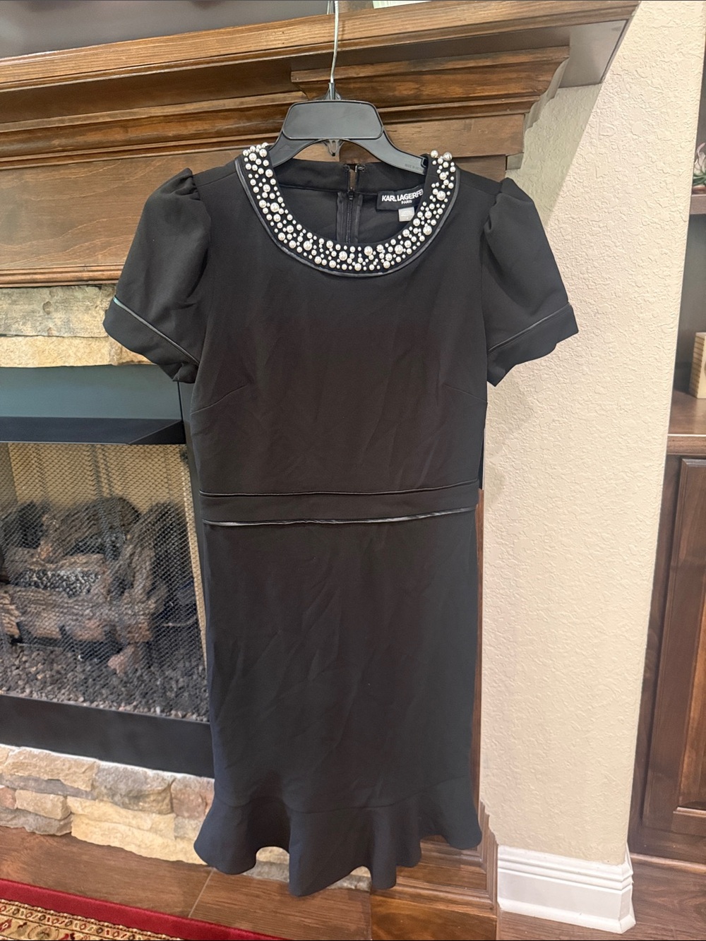 Karl Lagerfeld Black Short-Sleeve Dress with Pearl-Trimmed Collar